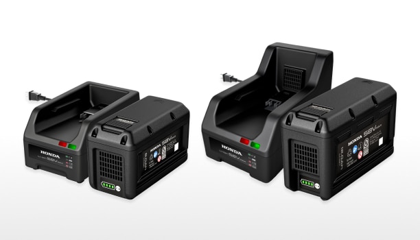 New Standard Charger, 12Ah Battery, Rapid Charger, and 8Ah battery lined up on a white studio background.