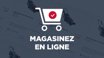 Icône de panier blanche avec cercle rouge et coche blanche au milieu. Texte sous l'icône : Magasinez en ligne
