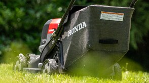 Vue de trois-quart arrière d'une tondeuse à batterie tondant la pelouse. 