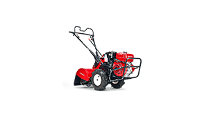 Plan de trois quarts avant latéral du motoculteur à fourchons arrière PRO de 20 po sur fond banc.  