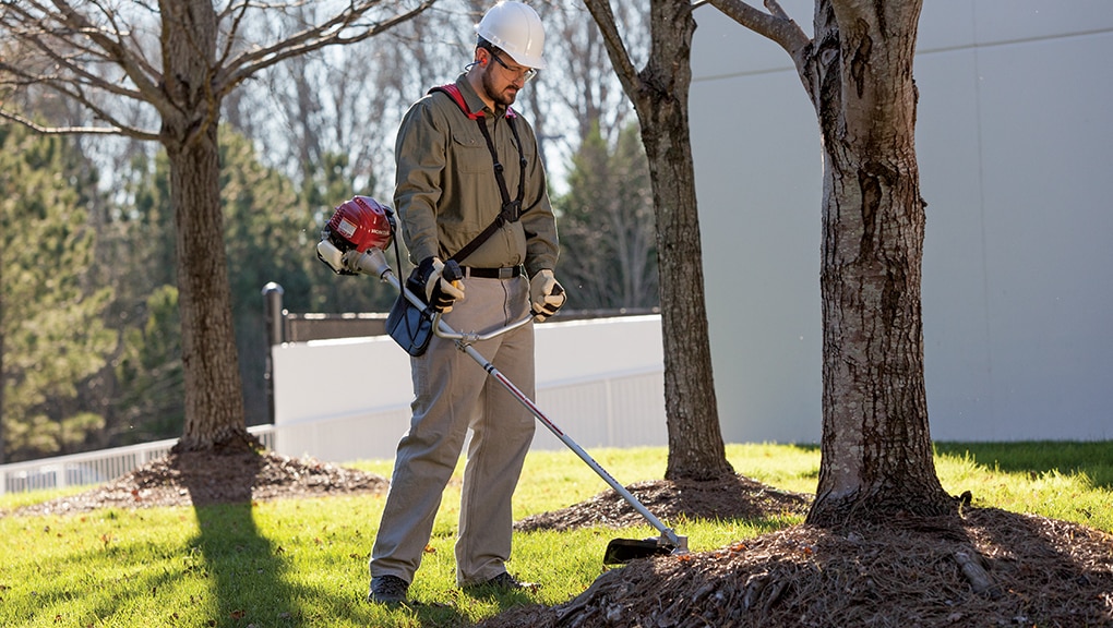 Close up of man using trimmer on grass